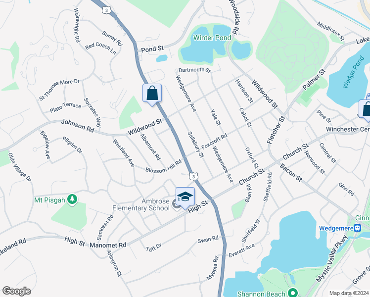map of restaurants, bars, coffee shops, grocery stores, and more near 143 Cambridge Street in Winchester