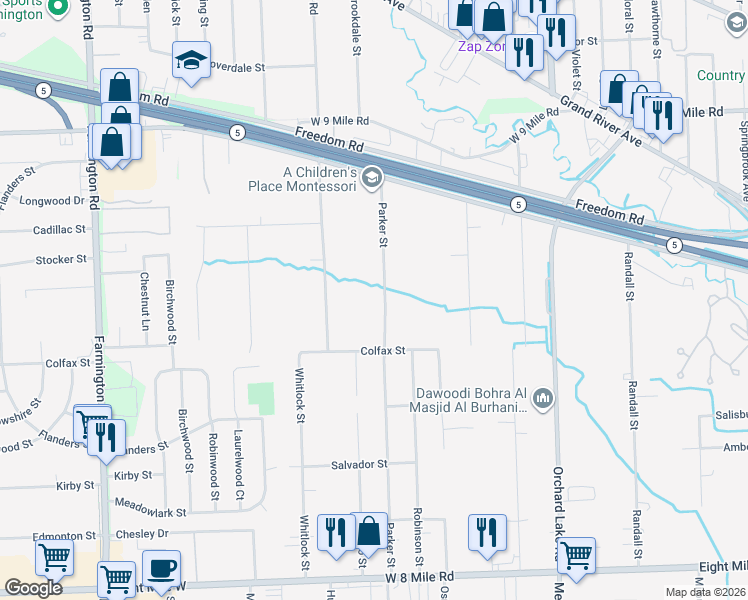 map of restaurants, bars, coffee shops, grocery stores, and more near 21505 Parker Street in Farmington Hills