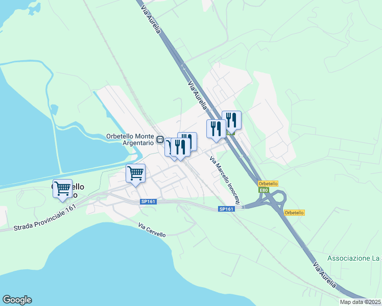 map of restaurants, bars, coffee shops, grocery stores, and more near 17I Via Giancarlo Pantini in Orbetello Scalo