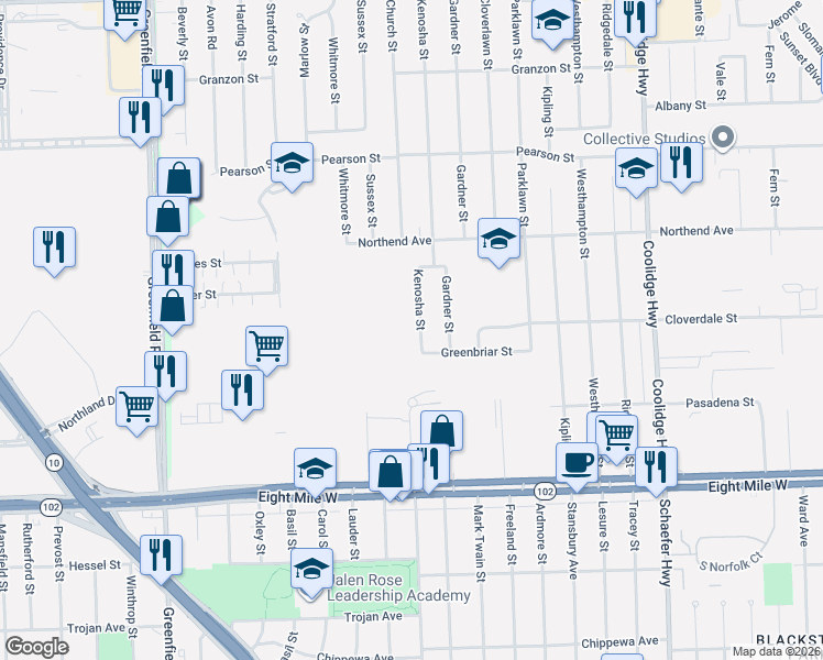 map of restaurants, bars, coffee shops, grocery stores, and more near 20841 Kenosha Street in Oak Park
