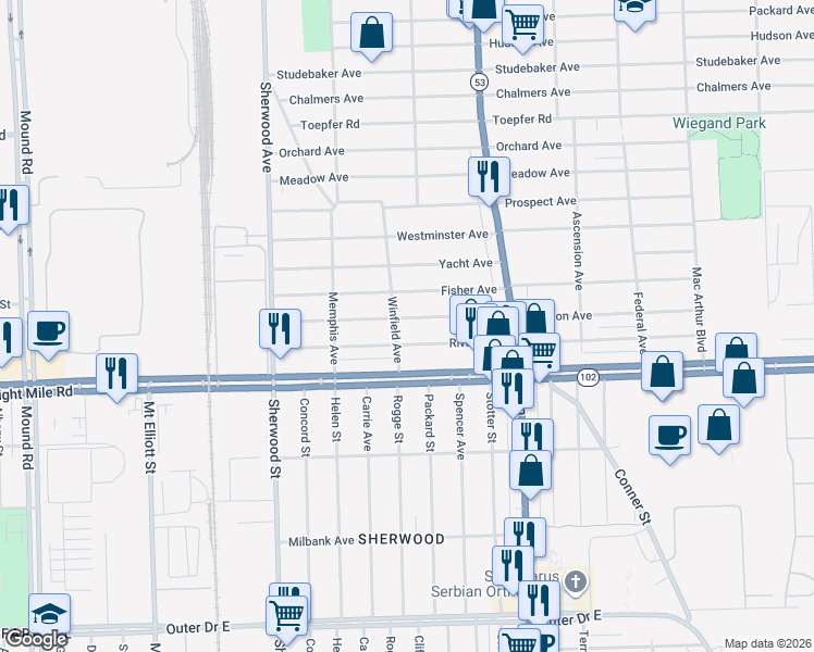 map of restaurants, bars, coffee shops, grocery stores, and more near 7215 Jackson Avenue in Warren