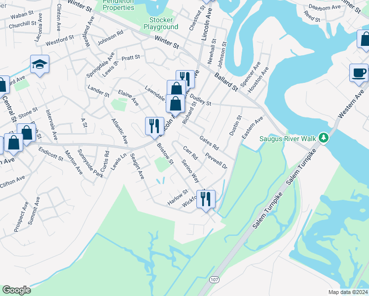 map of restaurants, bars, coffee shops, grocery stores, and more near 10 Carr Road in Saugus