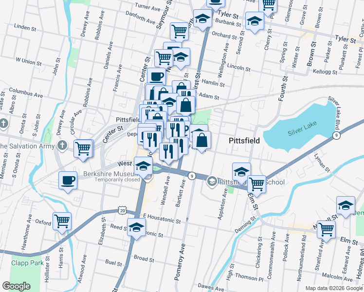 map of restaurants, bars, coffee shops, grocery stores, and more near 132 Fenn Street in Pittsfield