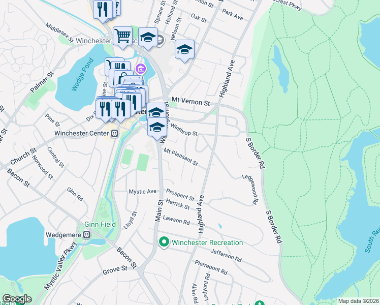 map of restaurants, bars, coffee shops, grocery stores, and more near 10 Hillside Avenue in Winchester