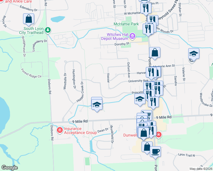 map of restaurants, bars, coffee shops, grocery stores, and more near 460 Princeton Drive in South Lyon