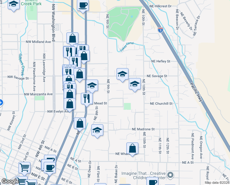 map of restaurants, bars, coffee shops, grocery stores, and more near 721 Northeast Pioneer Way in Grants Pass