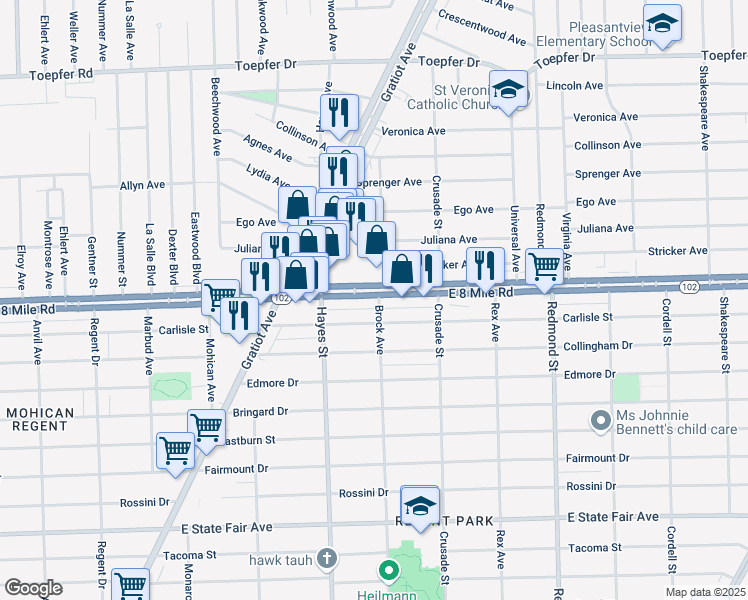 map of restaurants, bars, coffee shops, grocery stores, and more near 15308 Michigan 102 in Detroit