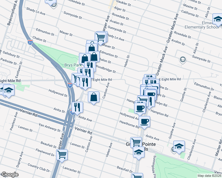 map of restaurants, bars, coffee shops, grocery stores, and more near 2223 Roslyn Road in Grosse Pointe Woods