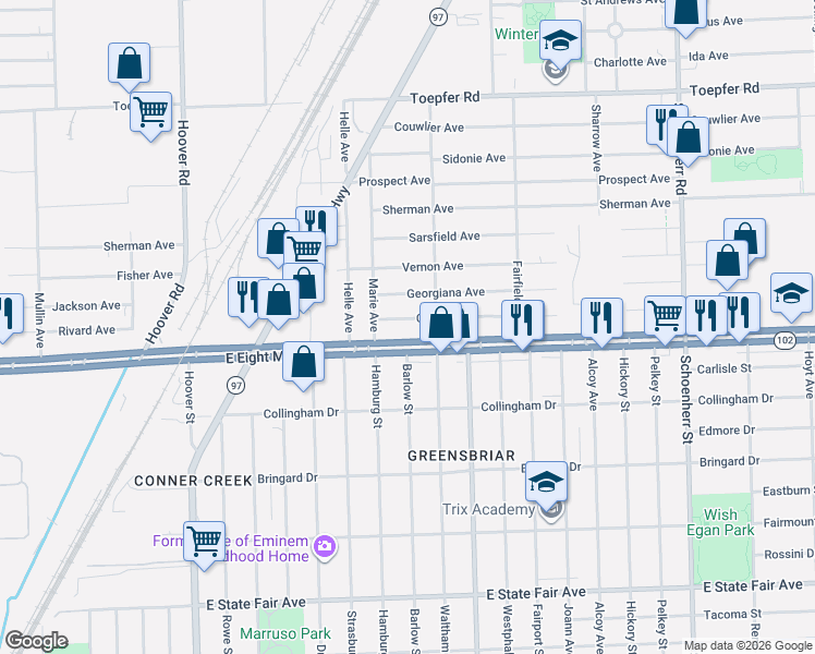map of restaurants, bars, coffee shops, grocery stores, and more near 12454 Coleen Avenue in Warren