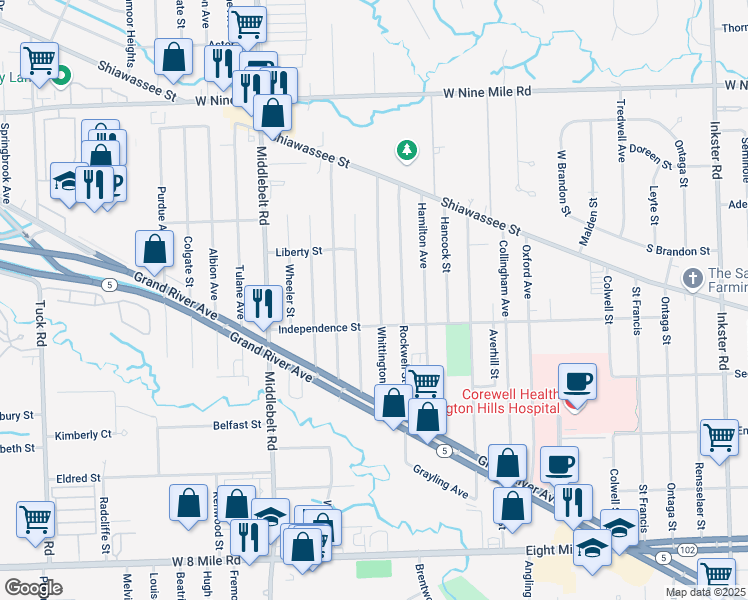 map of restaurants, bars, coffee shops, grocery stores, and more near 21563 Whittington Street in Farmington Hills