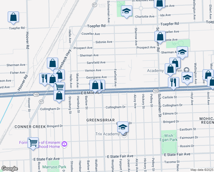 map of restaurants, bars, coffee shops, grocery stores, and more near 12776 Coleen Avenue in Warren
