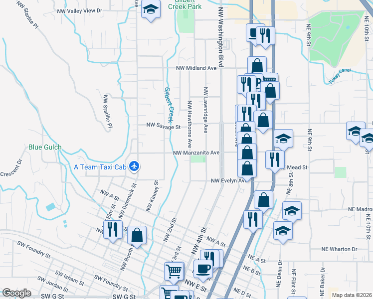 map of restaurants, bars, coffee shops, grocery stores, and more near 412 Northwest Manzanita Avenue in Grants Pass