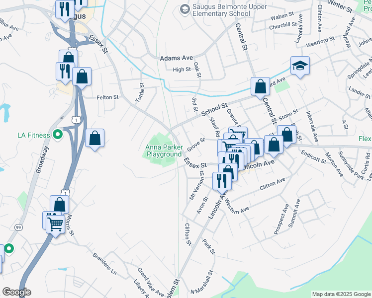 map of restaurants, bars, coffee shops, grocery stores, and more near 107 Essex Street in Saugus