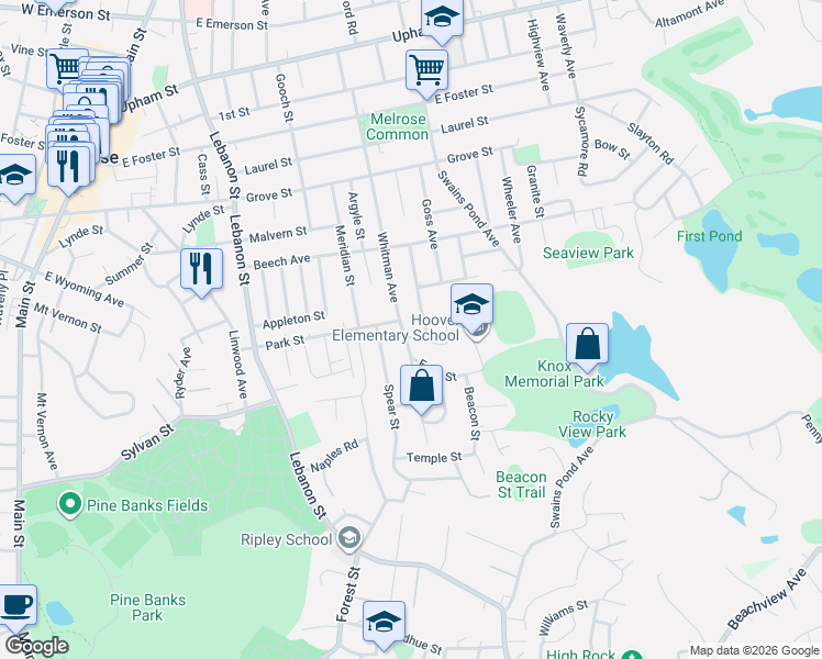 map of restaurants, bars, coffee shops, grocery stores, and more near 72 Whitman Avenue in Melrose