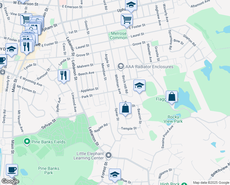 map of restaurants, bars, coffee shops, grocery stores, and more near 72 Whitman Avenue in Melrose