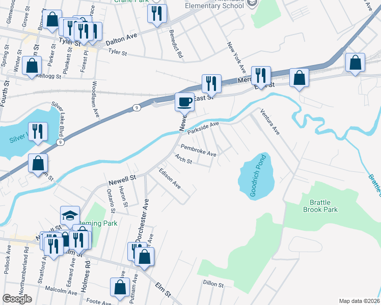 map of restaurants, bars, coffee shops, grocery stores, and more near 20 Pembroke Avenue in Pittsfield