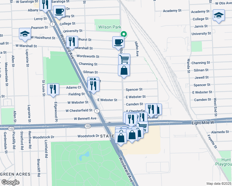 map of restaurants, bars, coffee shops, grocery stores, and more near 314 Spencer Street in Ferndale