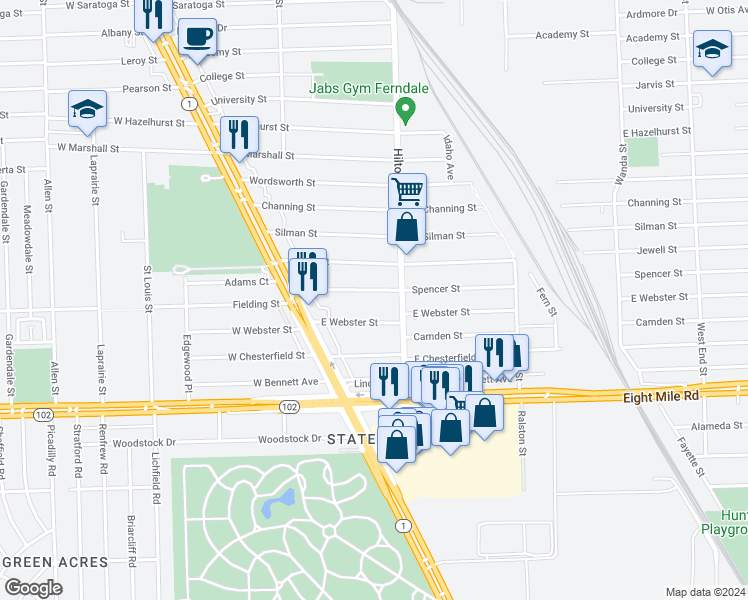 map of restaurants, bars, coffee shops, grocery stores, and more near 314 Spencer Street in Ferndale
