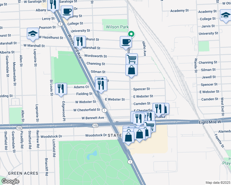 map of restaurants, bars, coffee shops, grocery stores, and more near 314 Spencer Street in Ferndale