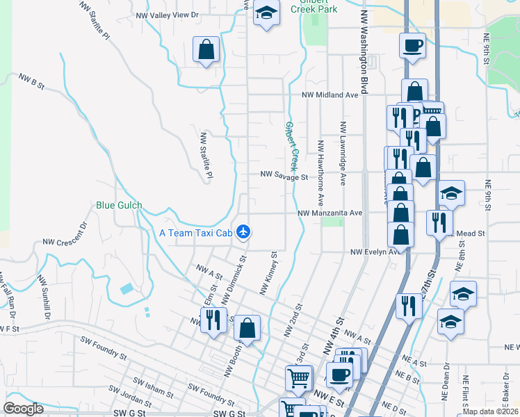 map of restaurants, bars, coffee shops, grocery stores, and more near 536 Northwest Manzanita Avenue in Grants Pass