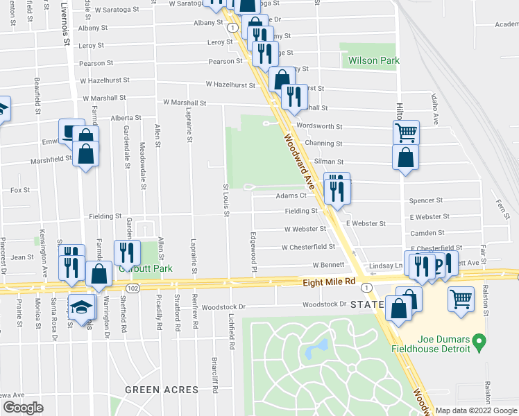 map of restaurants, bars, coffee shops, grocery stores, and more near 378 Fielding Street in Ferndale
