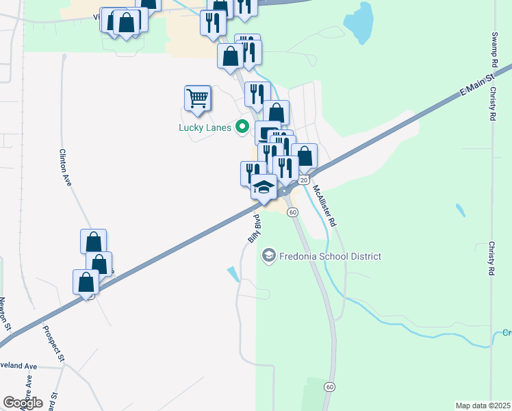 map of restaurants, bars, coffee shops, grocery stores, and more near 425 East Main Street in Fredonia