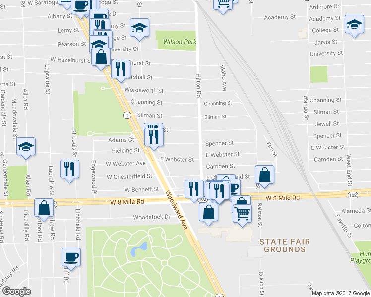 map of restaurants, bars, coffee shops, grocery stores, and more near 314 Spencer Street in Ferndale