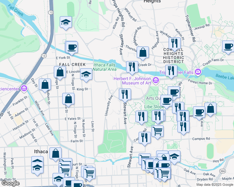 map of restaurants, bars, coffee shops, grocery stores, and more near 600 University Avenue in Ithaca