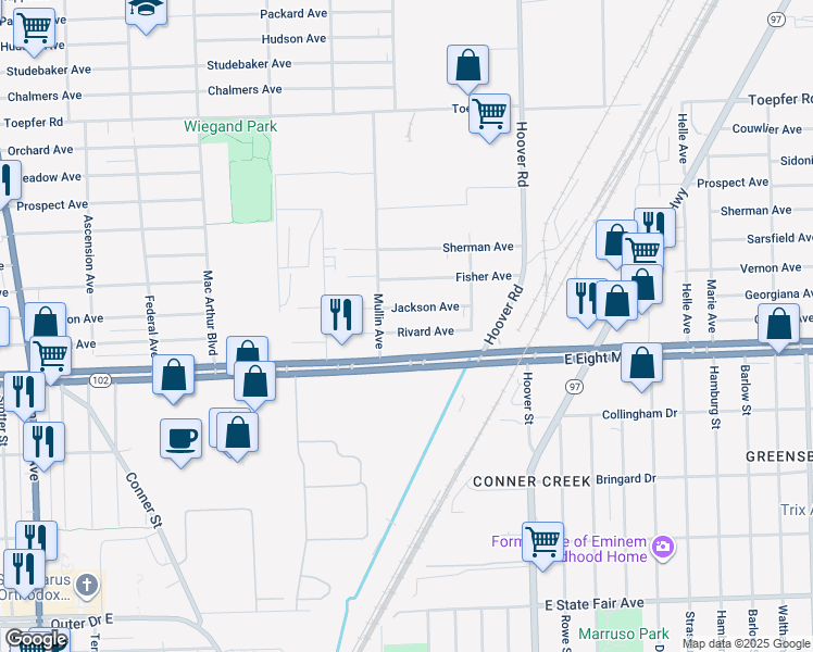 map of restaurants, bars, coffee shops, grocery stores, and more near 11345 Rivard Avenue in Warren
