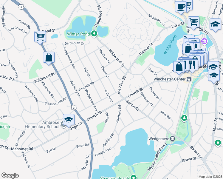 map of restaurants, bars, coffee shops, grocery stores, and more near 10 Cabot Street in Winchester