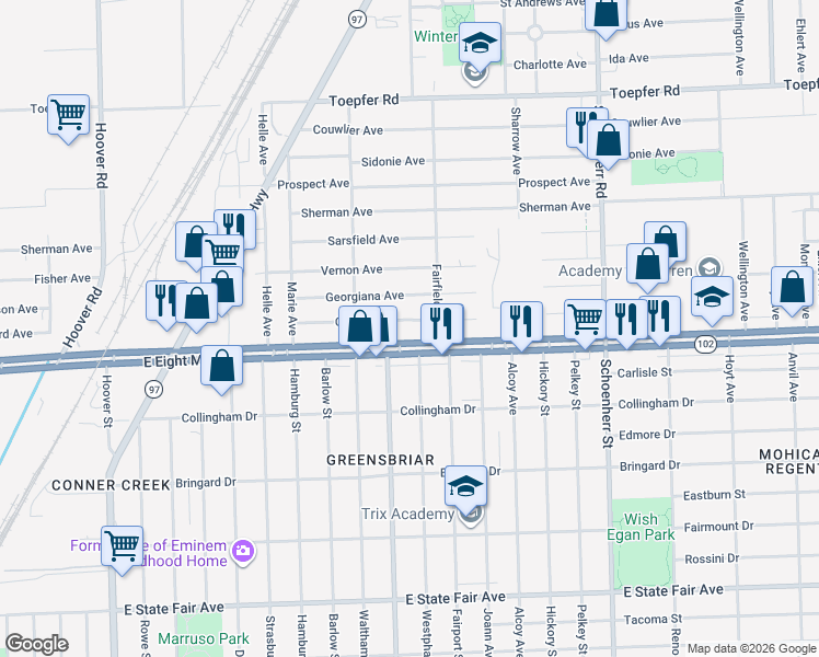 map of restaurants, bars, coffee shops, grocery stores, and more near 12792 Coleen Avenue in Warren