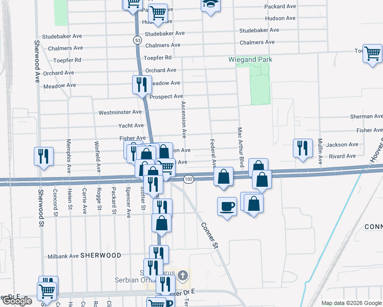 map of restaurants, bars, coffee shops, grocery stores, and more near 8226 Jackson Avenue in Warren