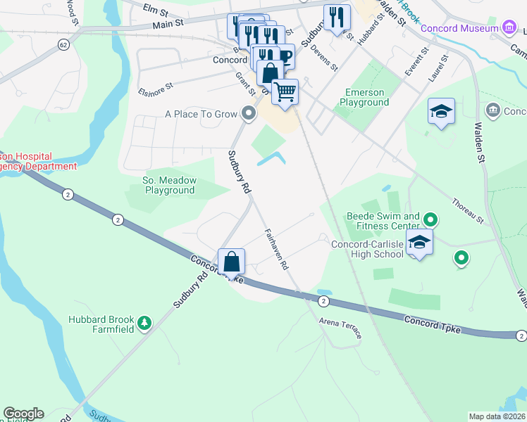 map of restaurants, bars, coffee shops, grocery stores, and more near 80 Crowell Farm Road in Concord