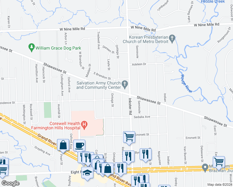 map of restaurants, bars, coffee shops, grocery stores, and more near 27533 Shiawassee Street in Farmington Hills