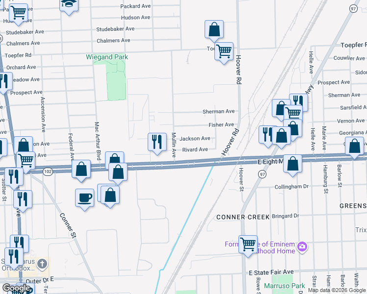 map of restaurants, bars, coffee shops, grocery stores, and more near 11345 Rivard Avenue in Warren