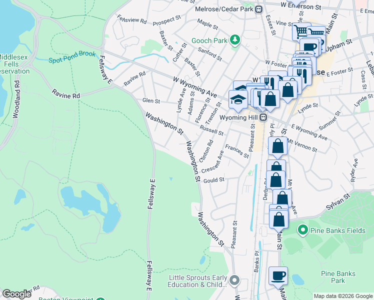 map of restaurants, bars, coffee shops, grocery stores, and more near 310 Washington Street in Melrose