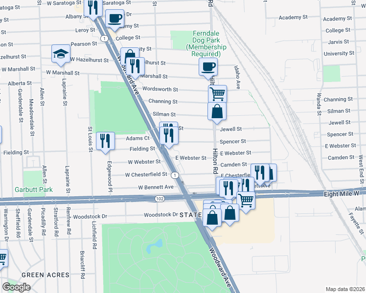 map of restaurants, bars, coffee shops, grocery stores, and more near 210 Spencer Street in Ferndale