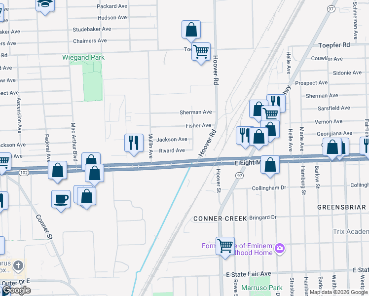 map of restaurants, bars, coffee shops, grocery stores, and more near 11453 Rivard Avenue in Warren