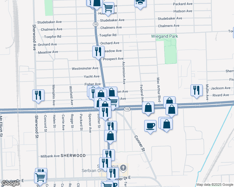map of restaurants, bars, coffee shops, grocery stores, and more near 8080 Jackson Avenue in Warren