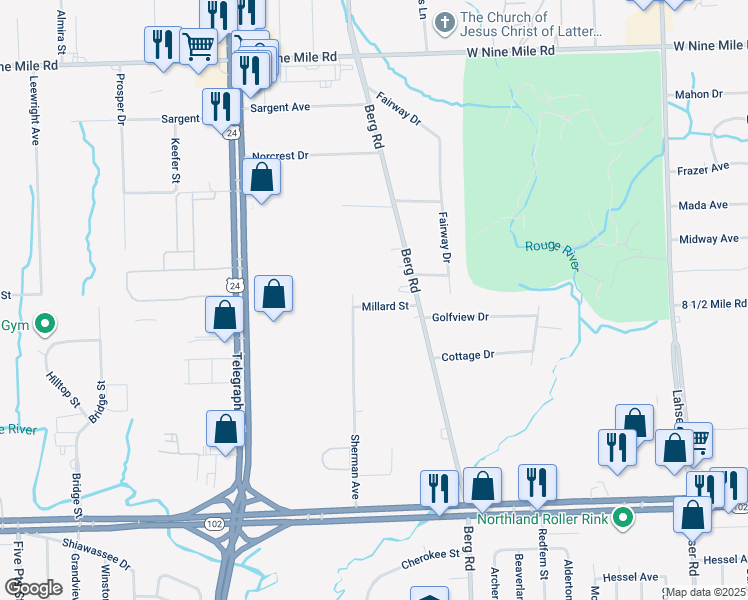 map of restaurants, bars, coffee shops, grocery stores, and more near 23640 Millard Street in Southfield