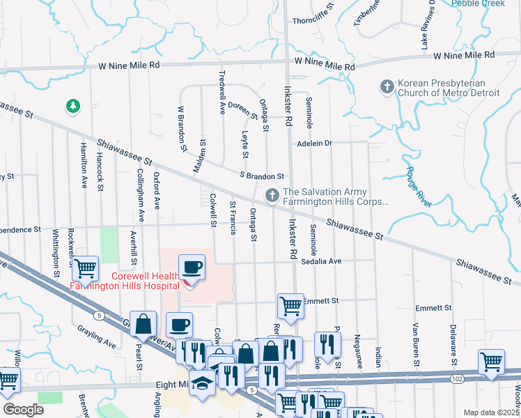 map of restaurants, bars, coffee shops, grocery stores, and more near 27533 Shiawassee Street in Farmington Hills