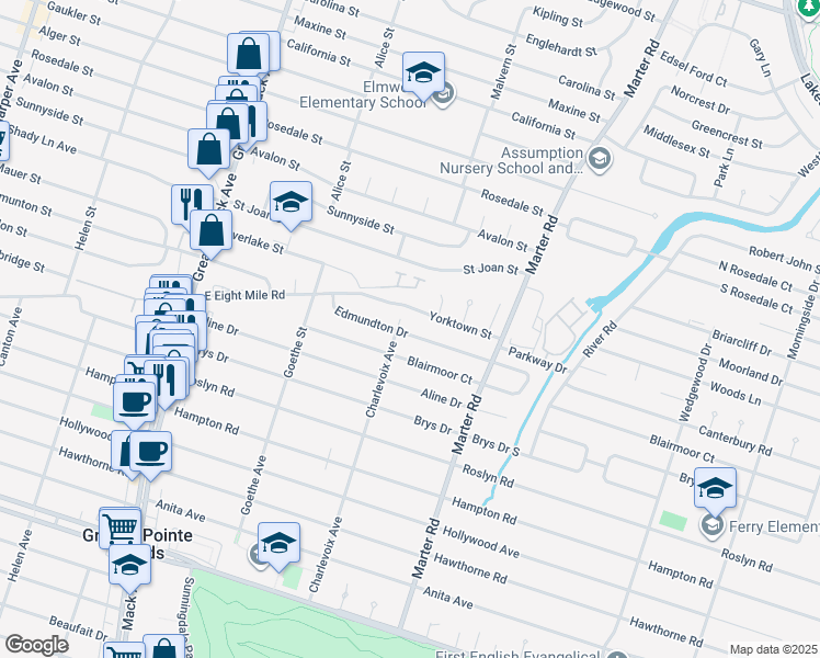 map of restaurants, bars, coffee shops, grocery stores, and more near 1450 Edmundton Drive in Grosse Pointe Woods