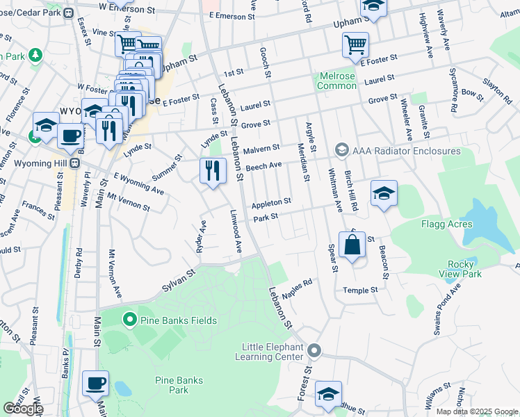 map of restaurants, bars, coffee shops, grocery stores, and more near 19 Appleton Street in Melrose