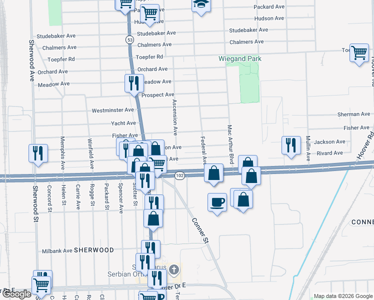 map of restaurants, bars, coffee shops, grocery stores, and more near 8226 Jackson Avenue in Warren