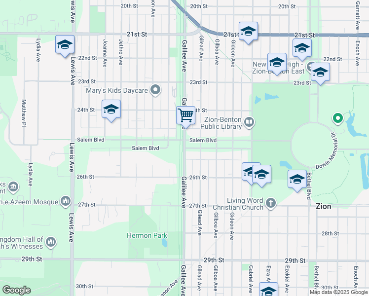 map of restaurants, bars, coffee shops, grocery stores, and more near 2501 Galilee Avenue in Zion