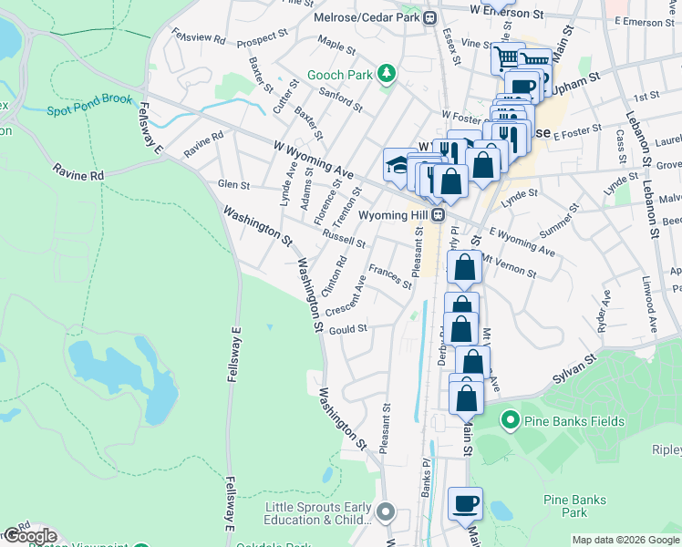 map of restaurants, bars, coffee shops, grocery stores, and more near 36 Clinton Road in Melrose