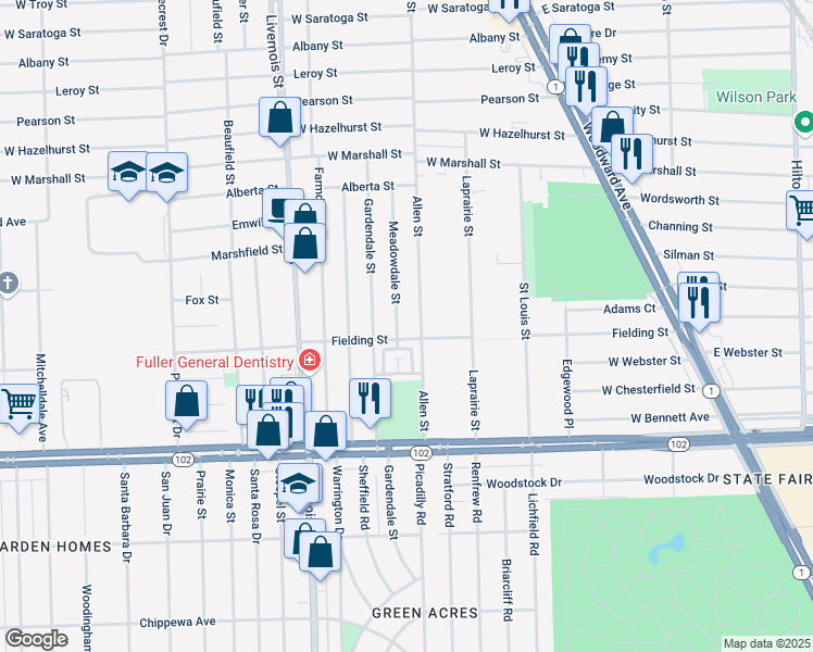 map of restaurants, bars, coffee shops, grocery stores, and more near 532 Allen Street in Ferndale