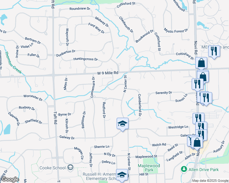 map of restaurants, bars, coffee shops, grocery stores, and more near 44675 North Hills Drive in Northville