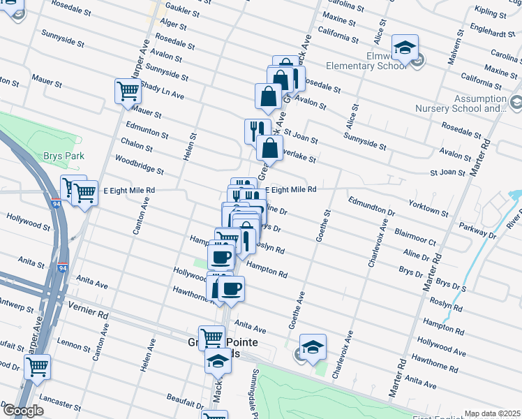 map of restaurants, bars, coffee shops, grocery stores, and more near 21260 Mack Avenue in Grosse Pointe Woods