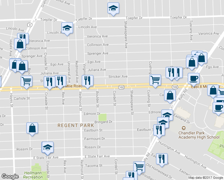 map of restaurants, bars, coffee shops, grocery stores, and more near 16310 East 8 Mile Road in Detroit
